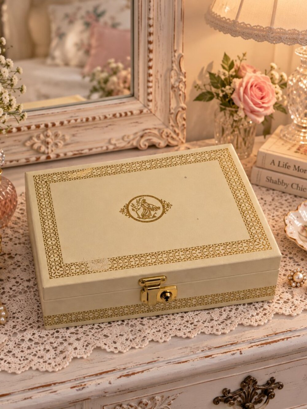 Vintage MELE Canada Jewelry Box Cream & Gold Vanity Case 11” Shabby Chic